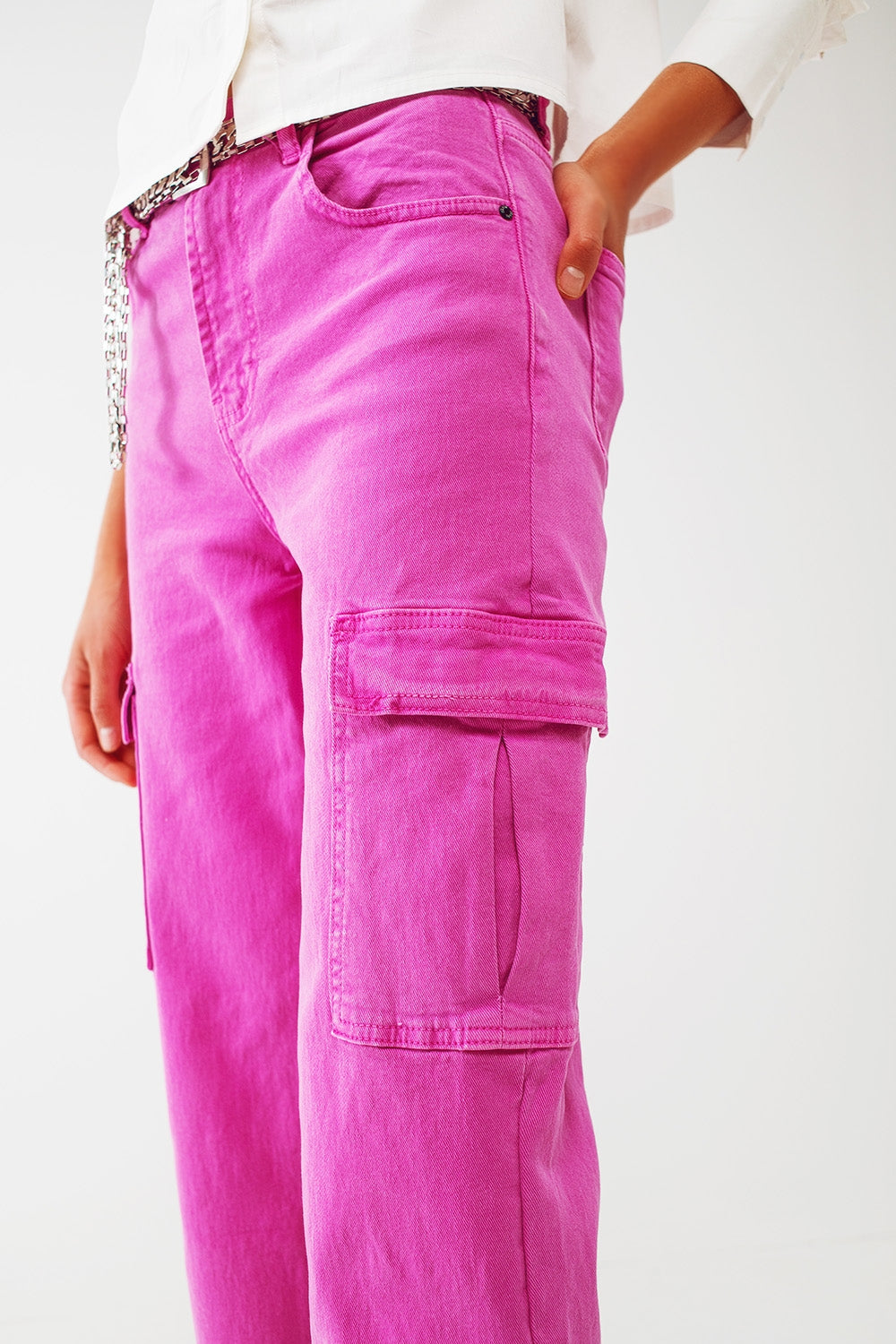 Straight Leg Cargo Jeans in Fuchsia - Coloured Jeans