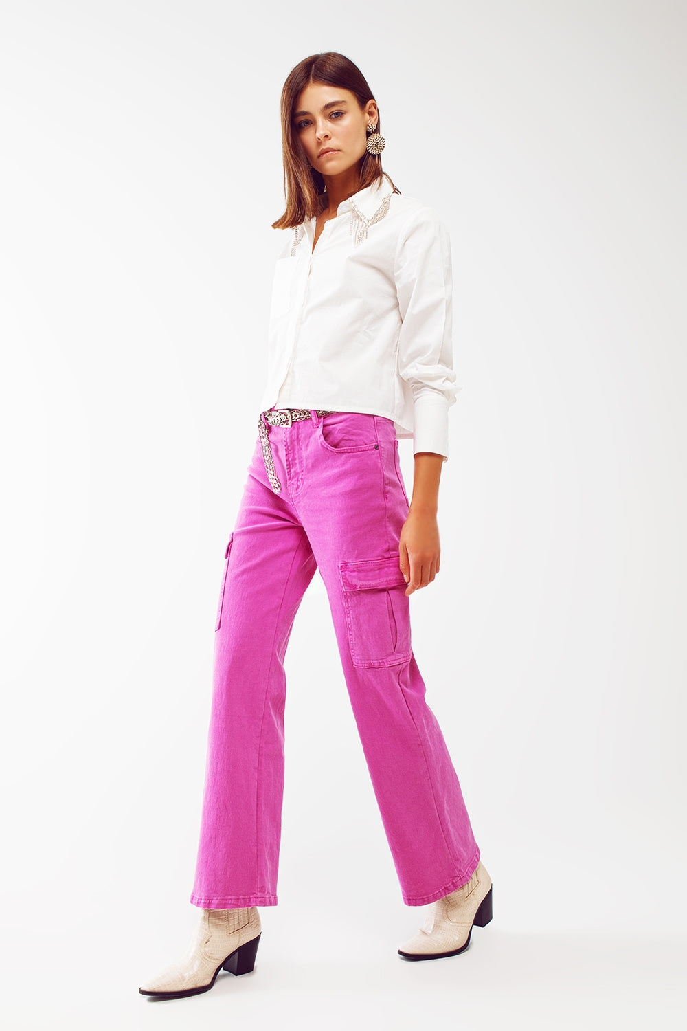 Straight Leg Cargo Jeans in Fuchsia - Coloured Jeans