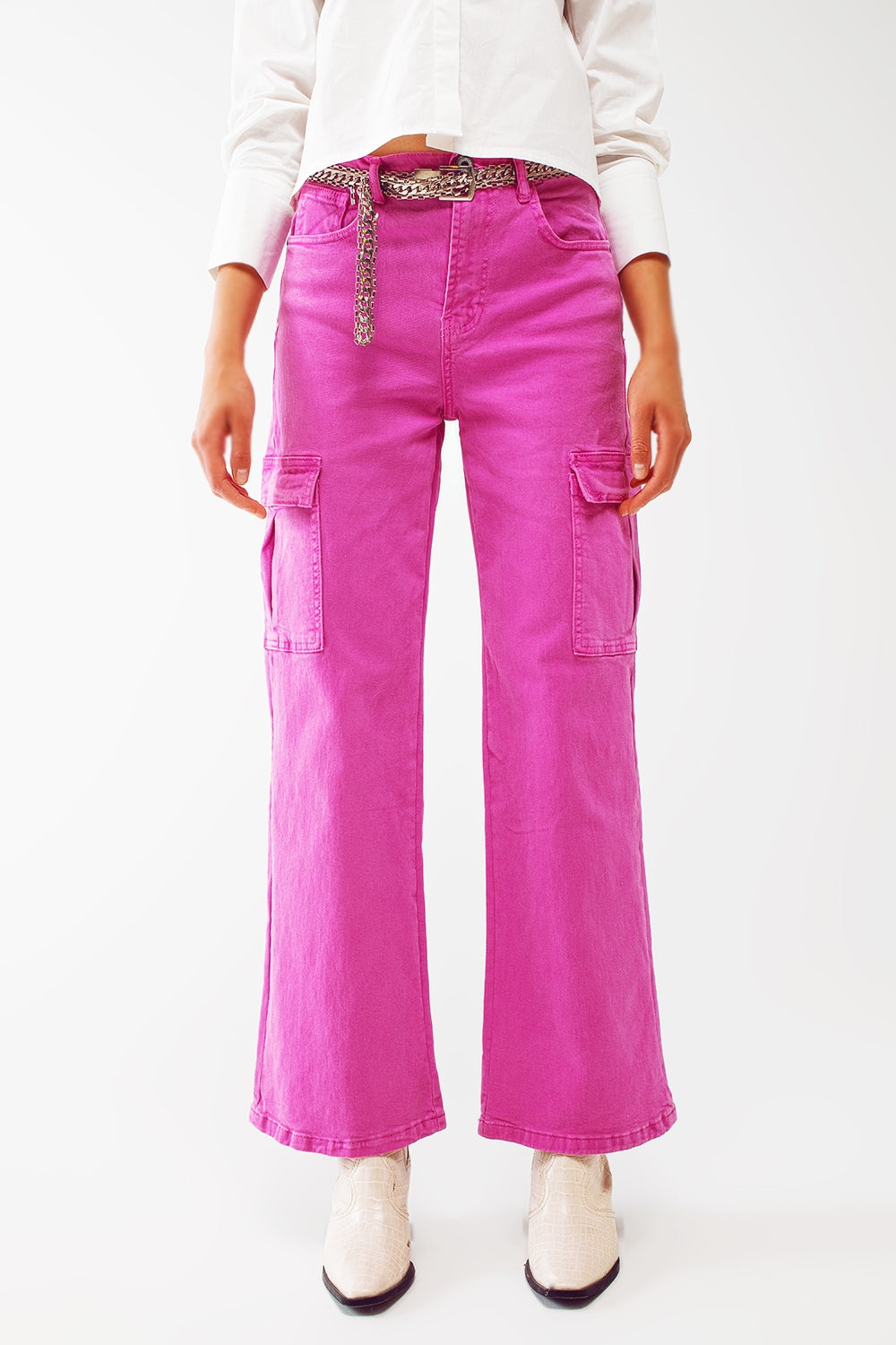 Straight Leg Cargo Jeans in Fuchsia - Coloured Jeans