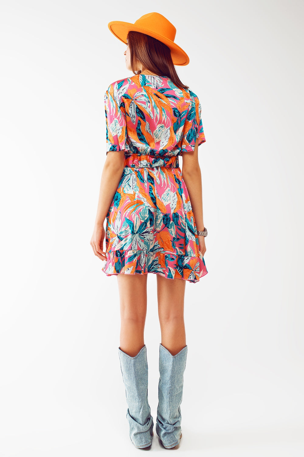 Short Belted Wrap Dress With Floral Print in Orange - dress