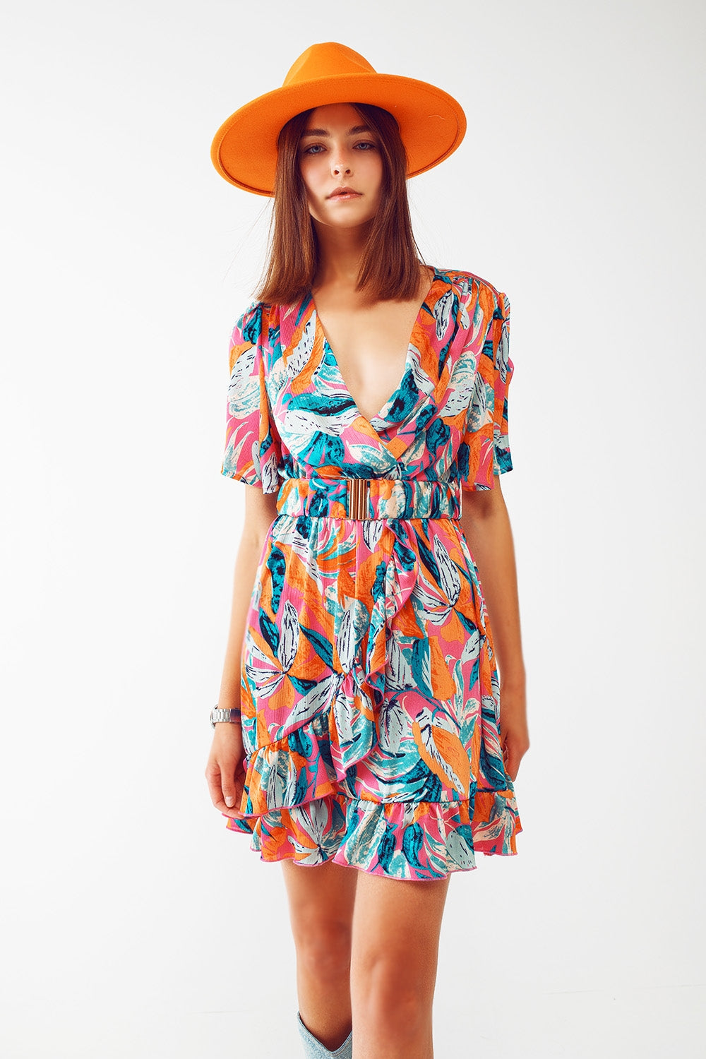 Short Belted Wrap Dress With Floral Print in Orange - dress