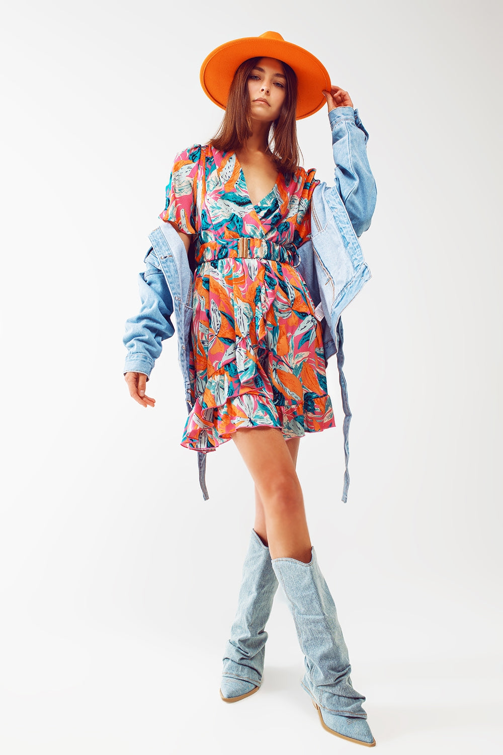 Short Belted Wrap Dress With Floral Print in Orange - dress