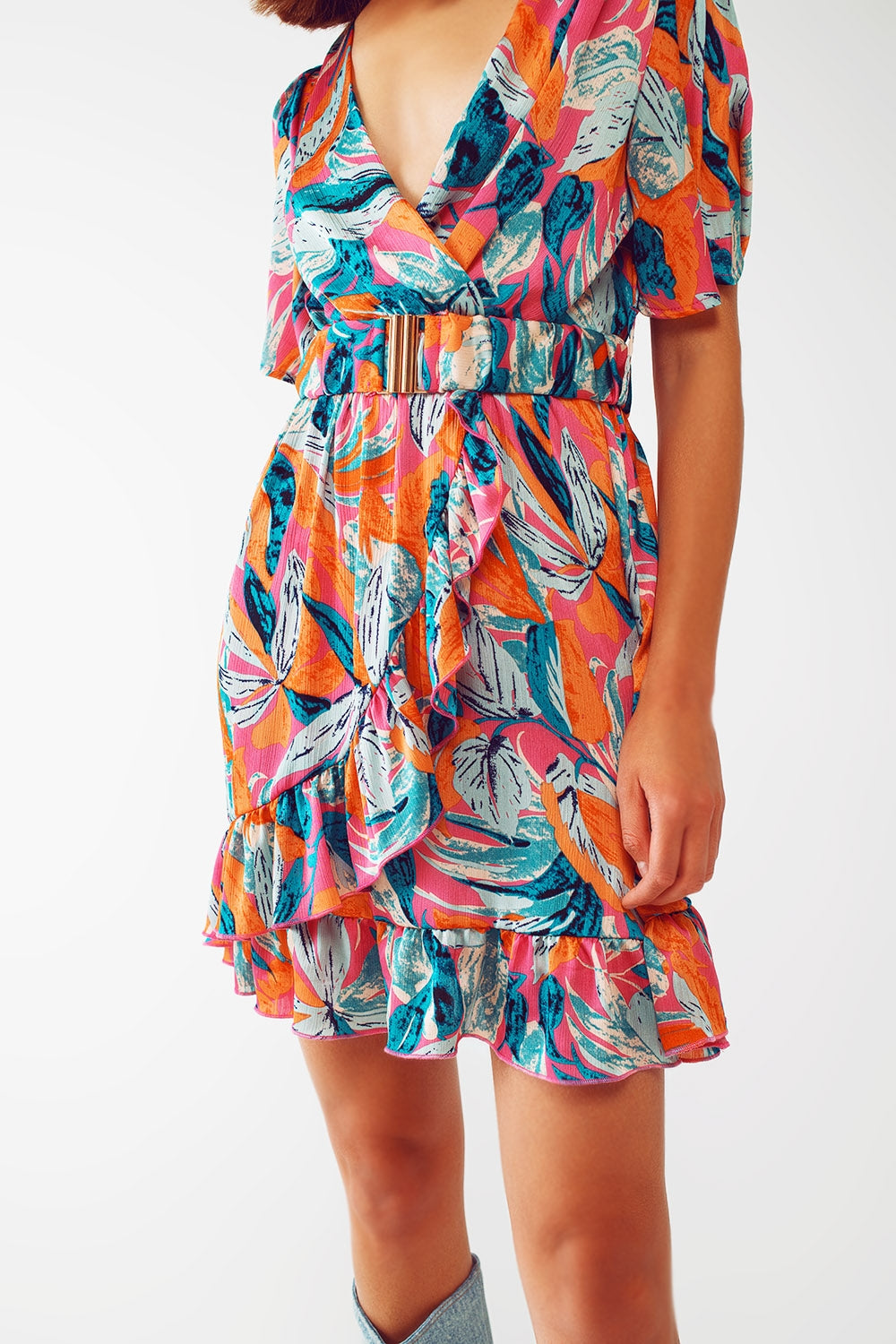 Short Belted Wrap Dress With Floral Print in Orange - dress