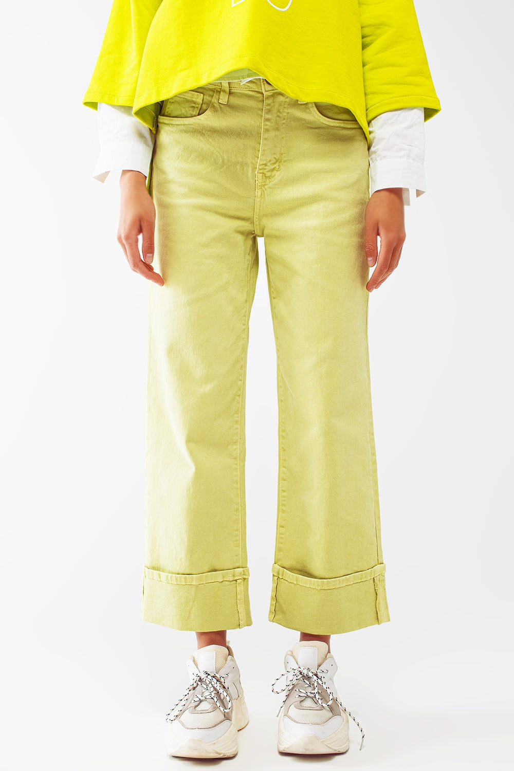 Straight Leg Jeans with Cropped Hem in Lime Green - Coloured Jeans