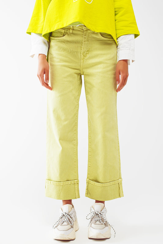 Straight Leg Jeans with Cropped Hem in Lime Green - Coloured Jeans