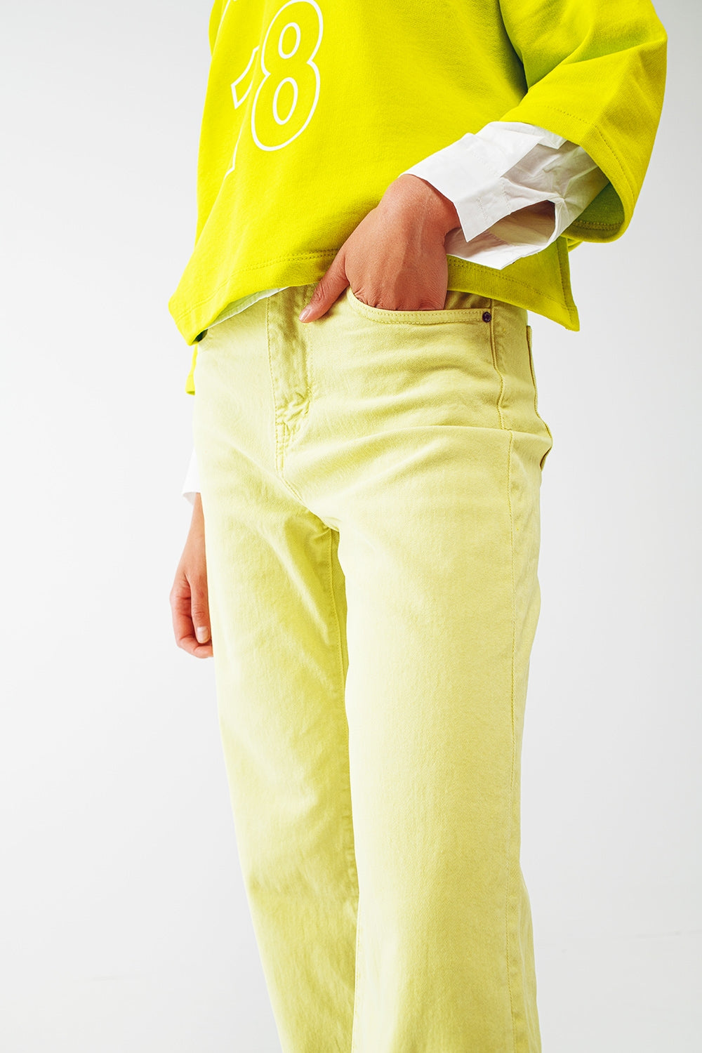 Straight Leg Jeans with Cropped Hem in Lime Green - Coloured Jeans