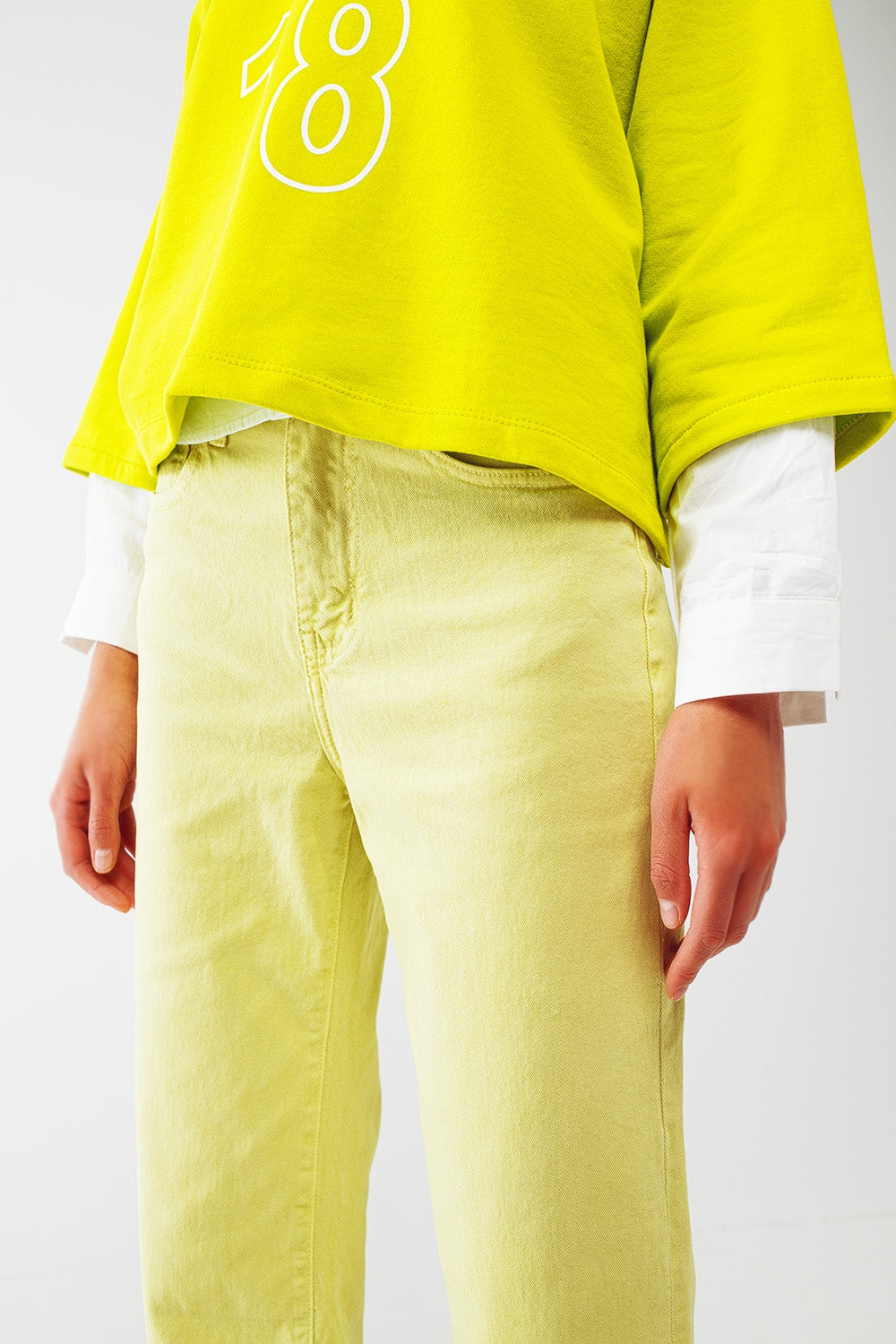 Straight Leg Jeans with Cropped Hem in Lime Green - Coloured Jeans