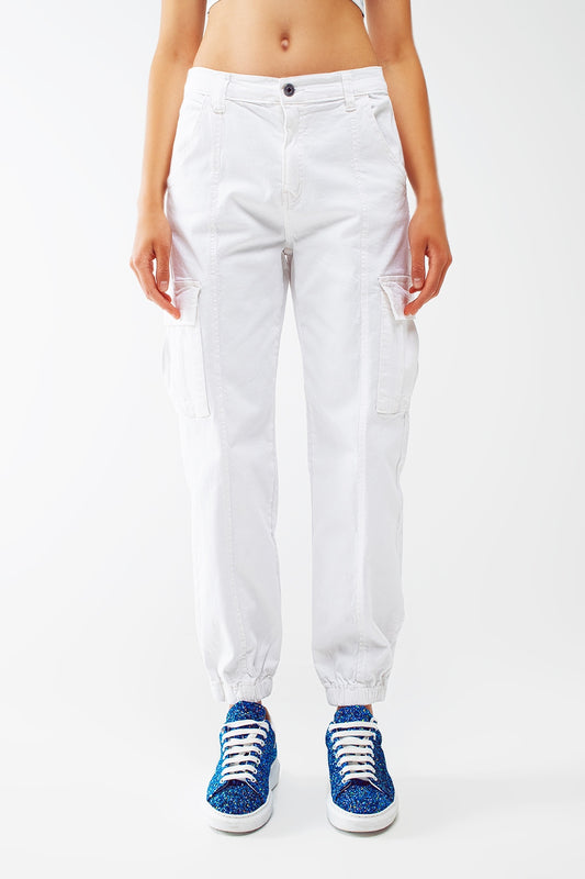 white cargo trousers with elasticated waist and hem - Coloured Jeans