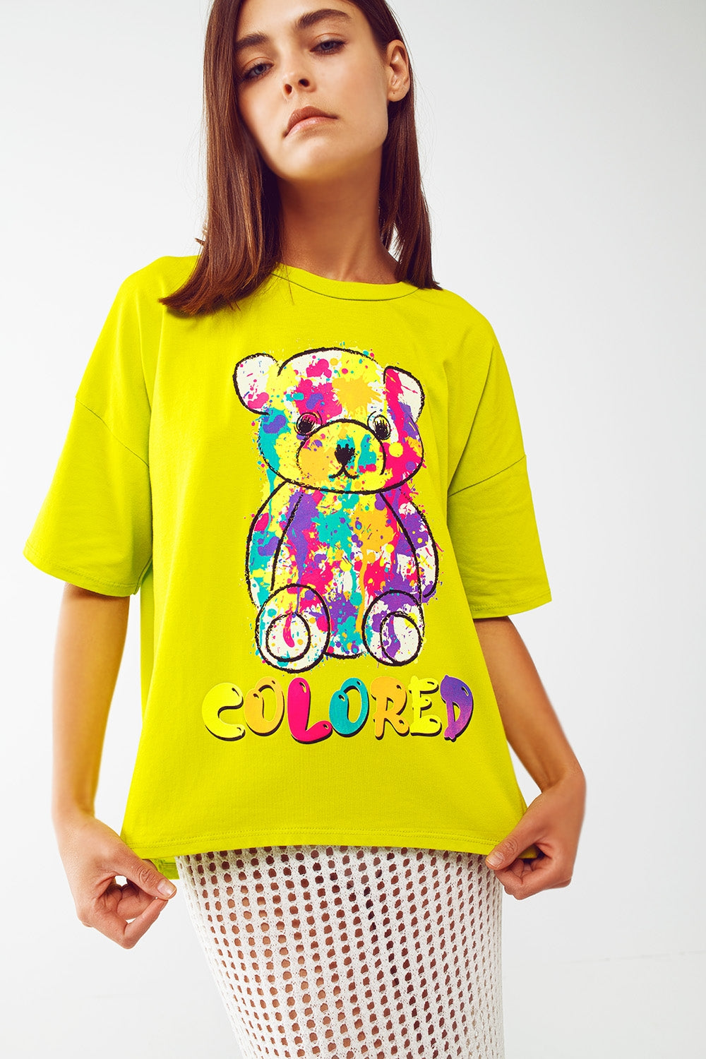 loose-fitting lime T-shirt with colored bear - top