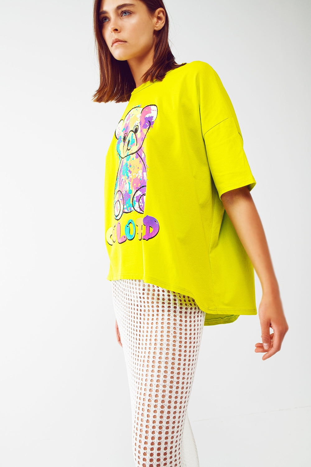 loose-fitting lime T-shirt with colored bear - top