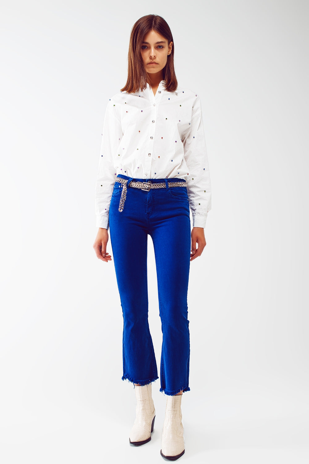 Flare jeans with raw hem edge in blue - Coloured Jeans