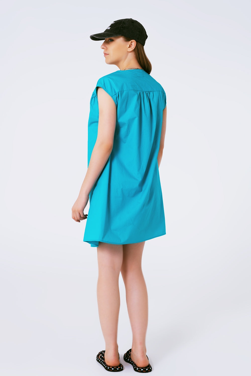 Mini Poplin Sleevless Dress in Turquoise - dress