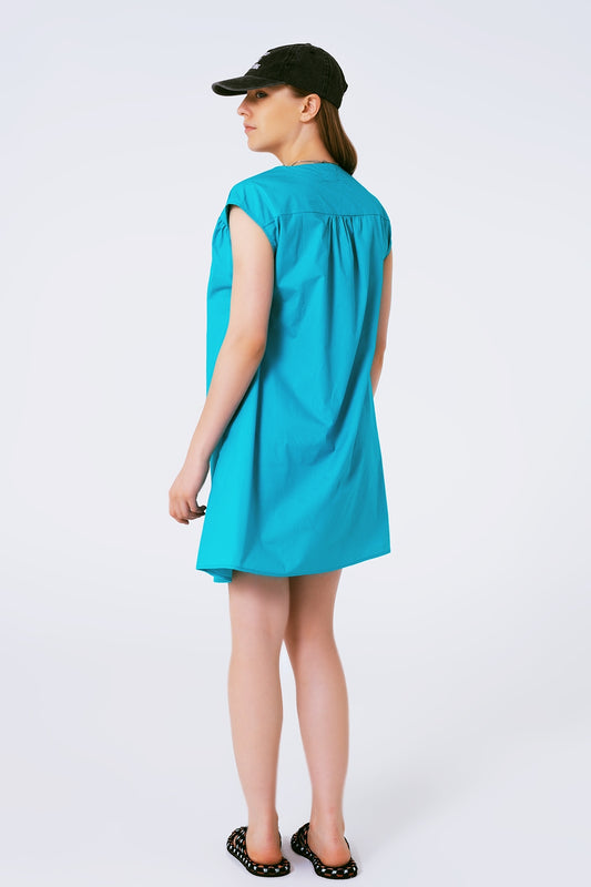 Mini Poplin Sleevless Dress in Turquoise - dress