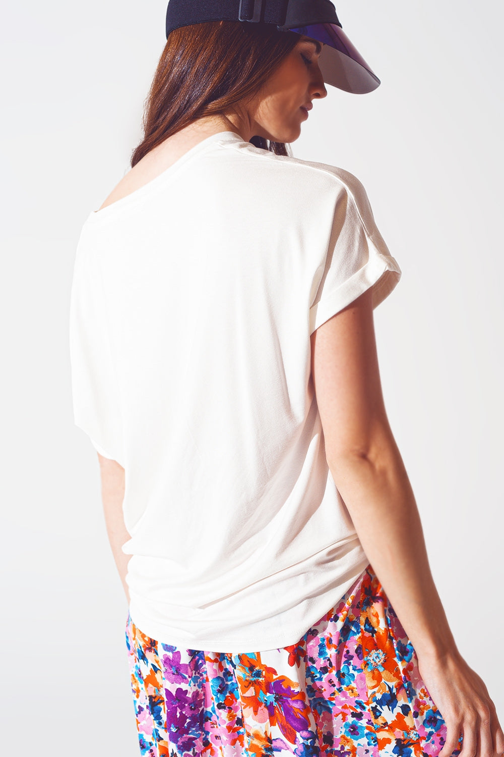Boat Neck T-shirt With Good Vibe Text in White and Pink - top