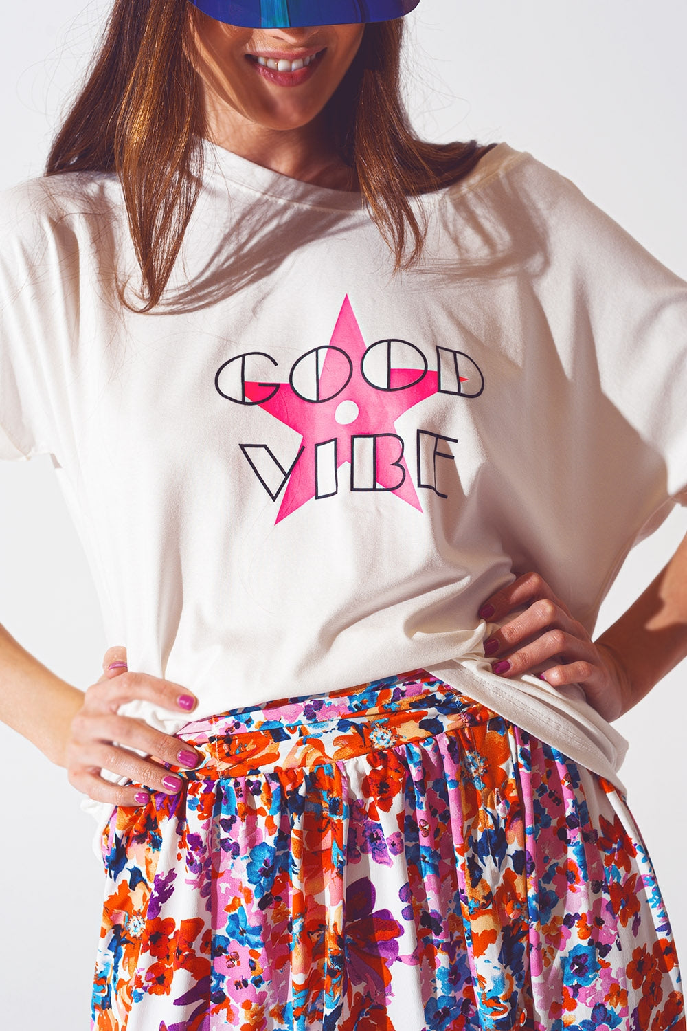 Boat Neck T-shirt With Good Vibe Text in White and Pink - top