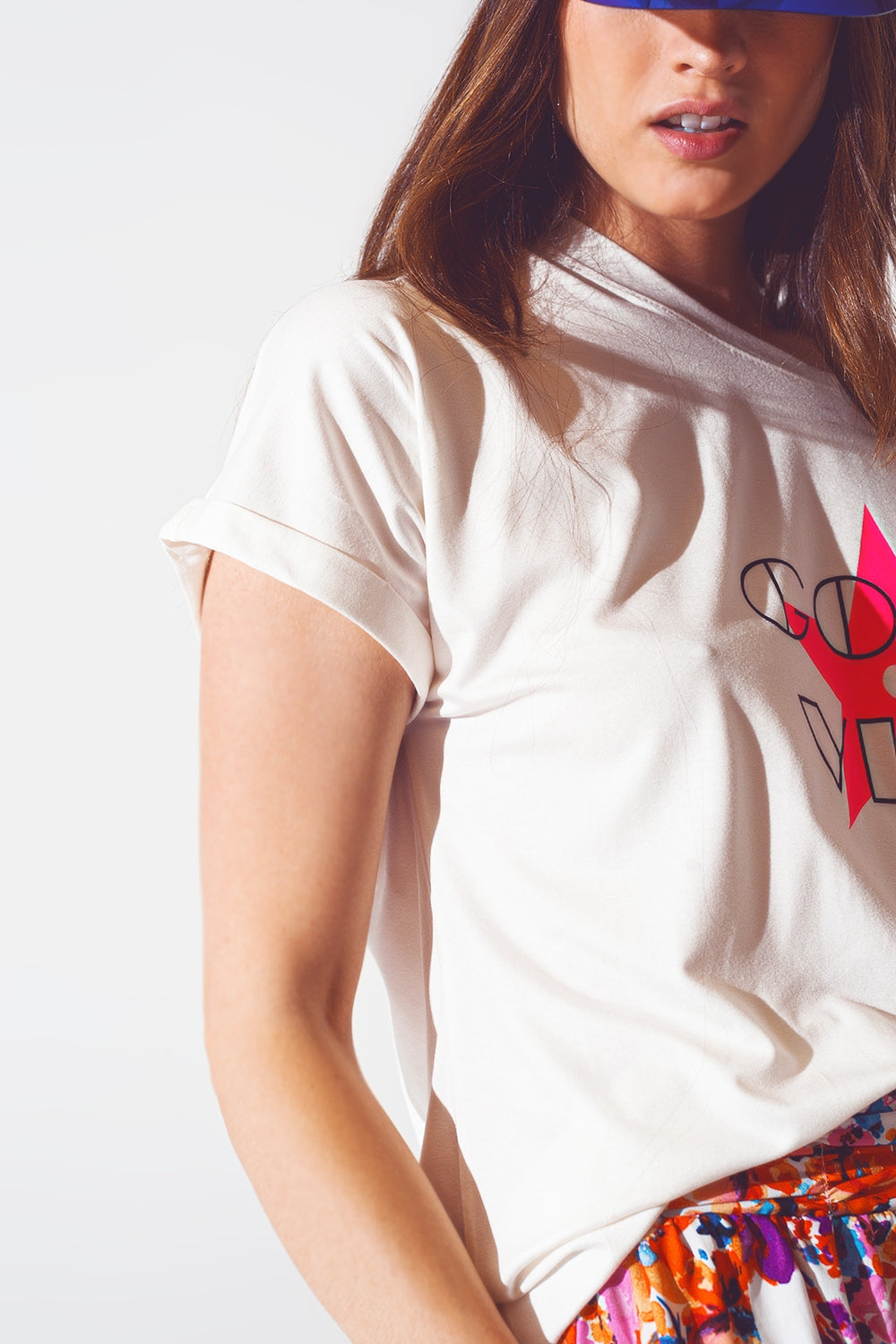 Boat Neck T-shirt With Good Vibe Text in White and Pink - top