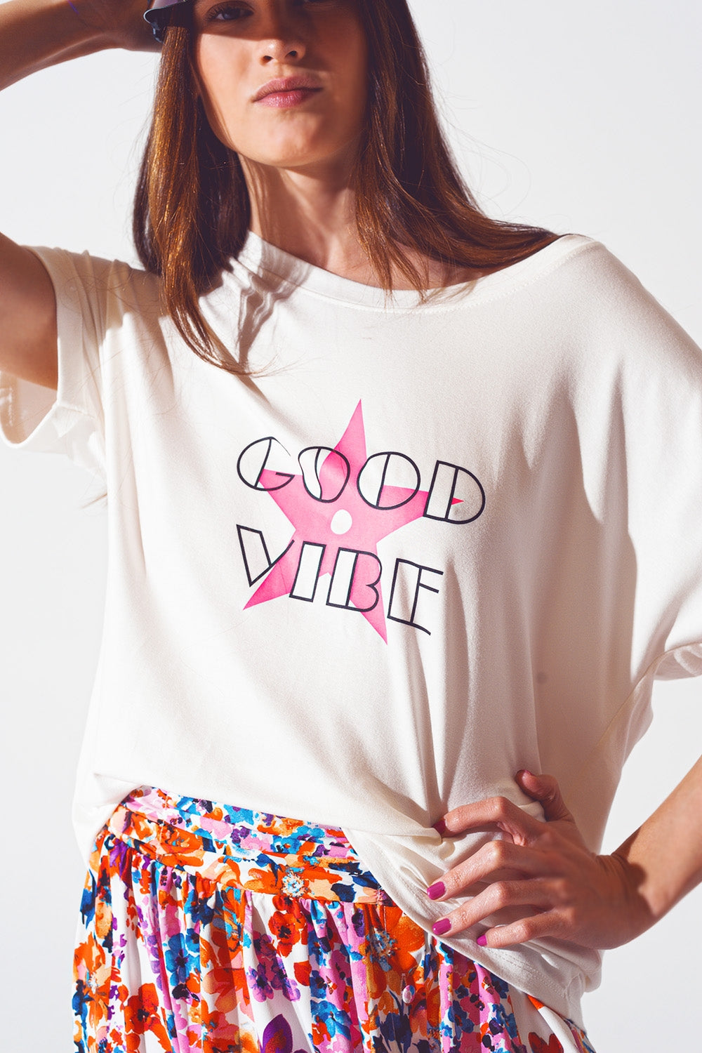 Boat Neck T-shirt With Good Vibe Text in White and Pink - top