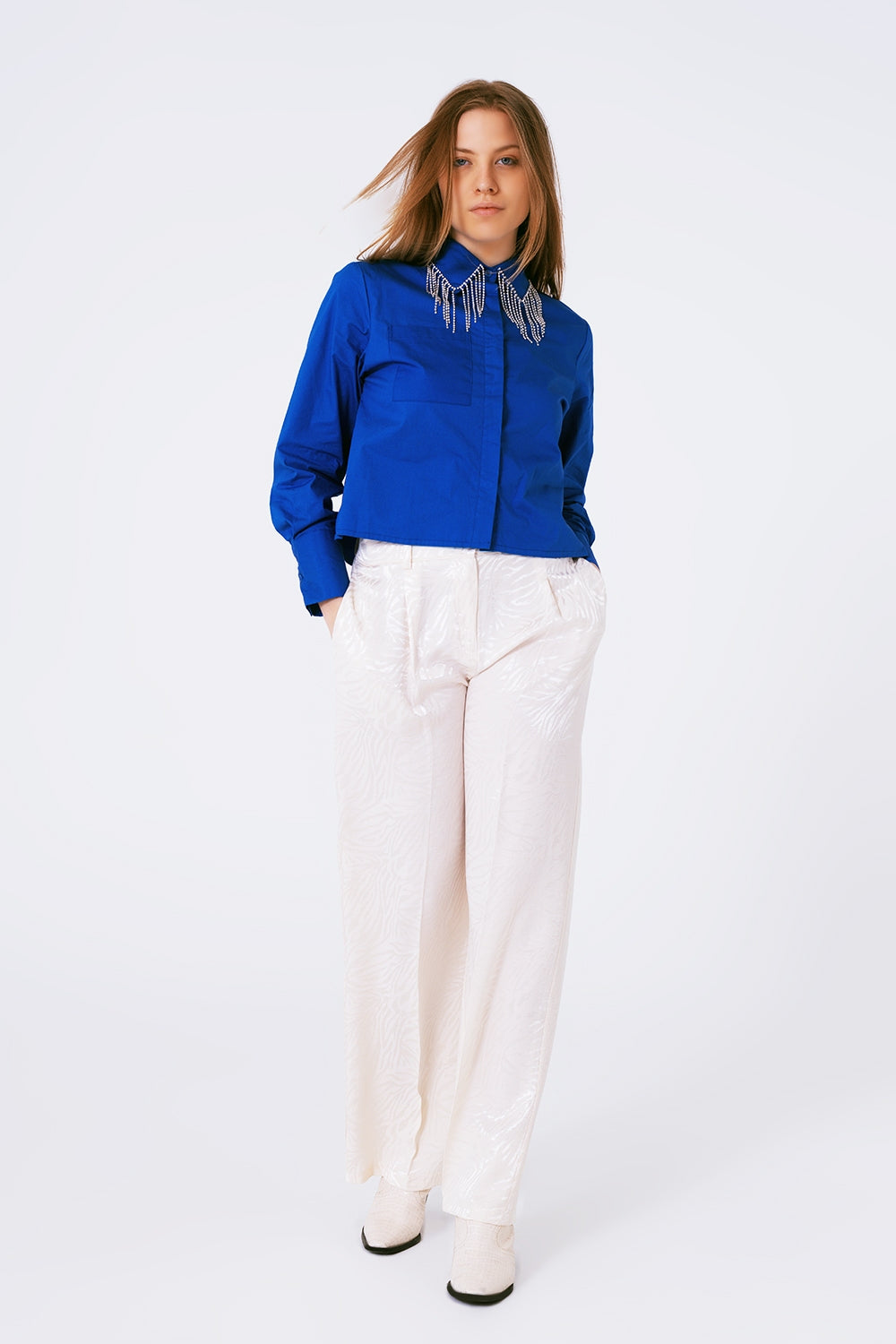 Shirt With Fringe strass Collar in blue - Shirts