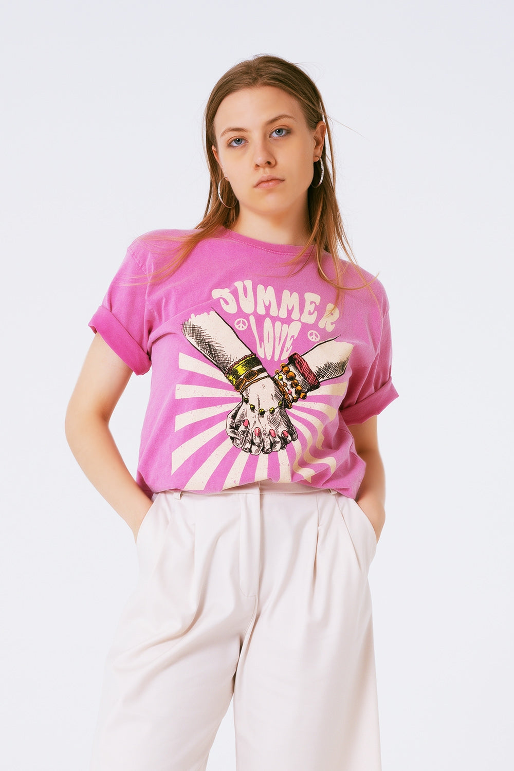 T-shirt graphique avec texte Summer Love en rose