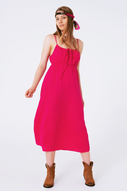 maxi fuchsia summer dress with straps and gathered waist - dress