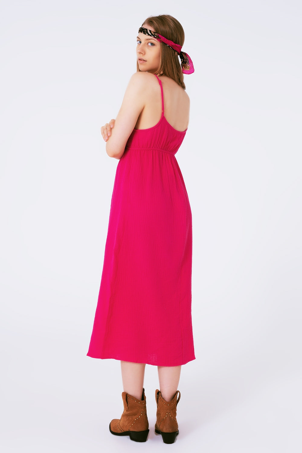 maxi fuchsia summer dress with straps and gathered waist - dress