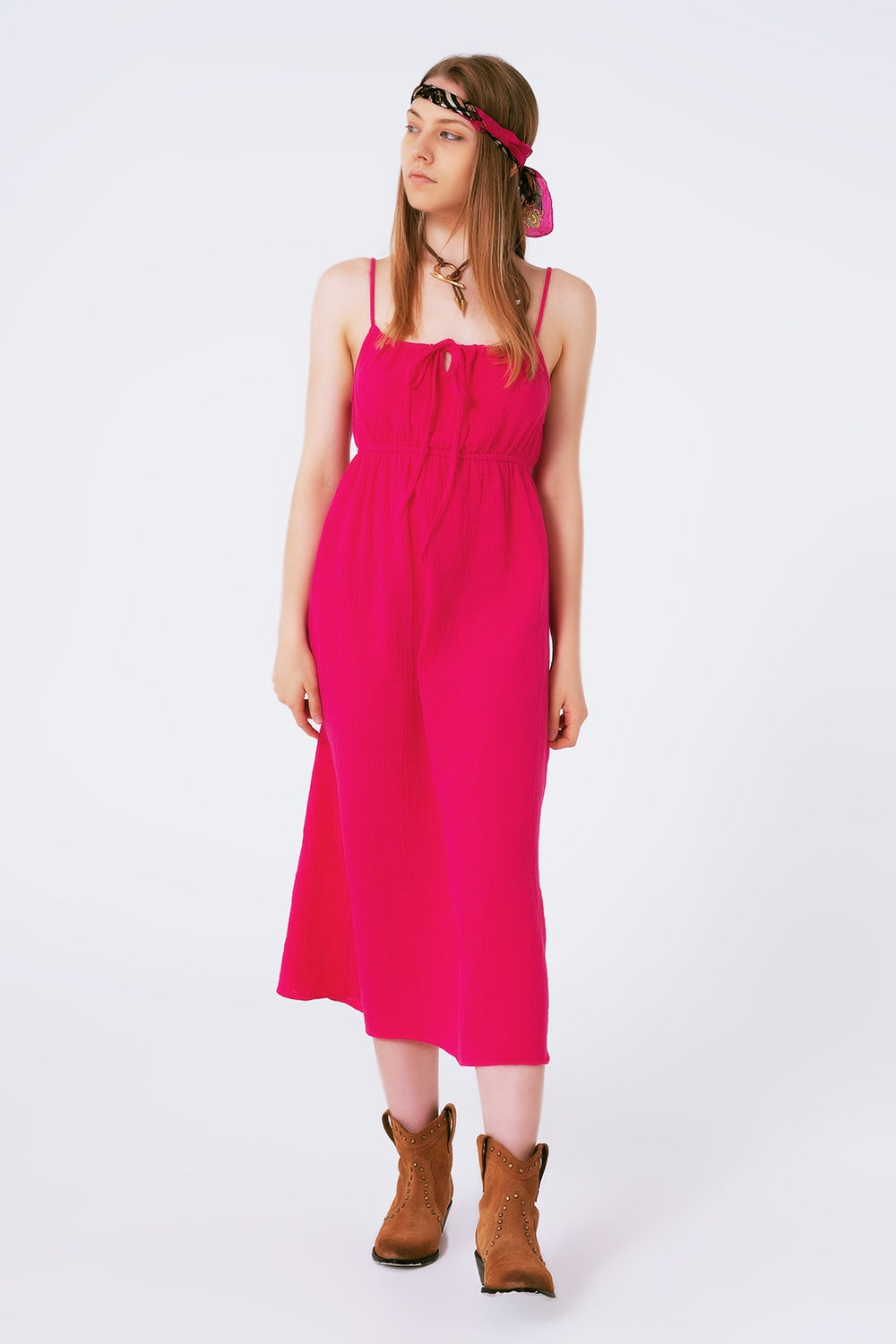 maxi fuchsia summer dress with straps and gathered waist - dress