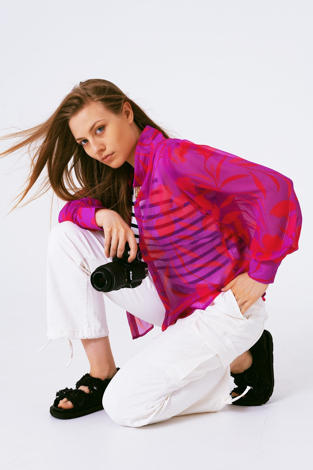 blouse en mousseline à imprimé floral fuchsia