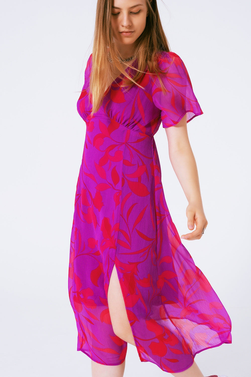 short sleeve V-neck chiffon maxi dress in floral print - dress