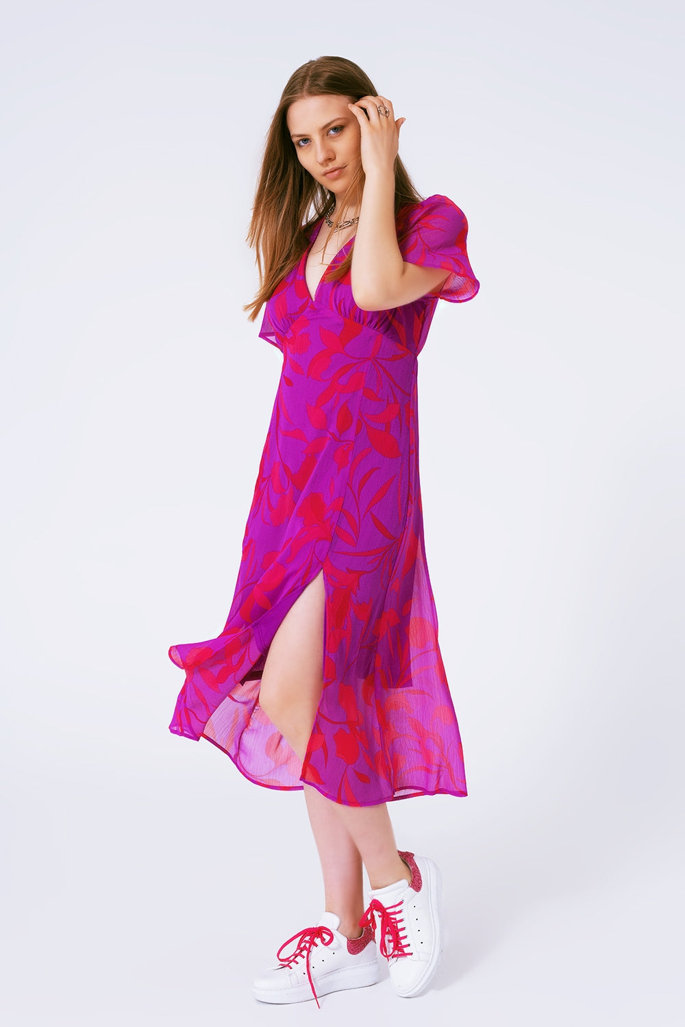 short sleeve V-neck chiffon maxi dress in floral print - dress