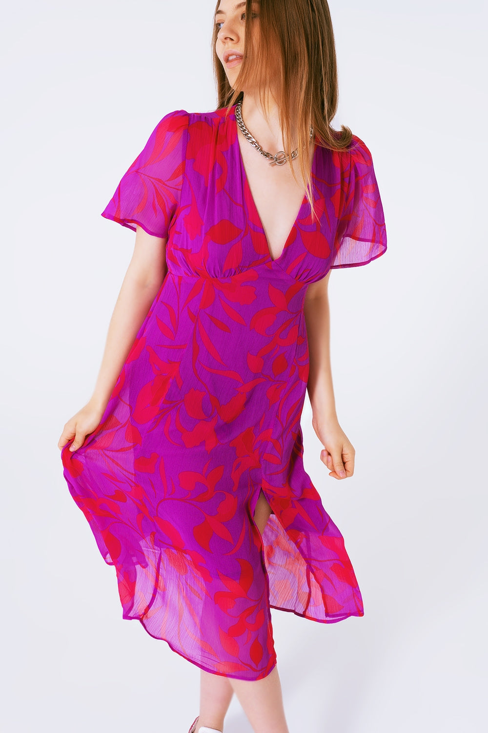 short sleeve V-neck chiffon maxi dress in floral print - dress