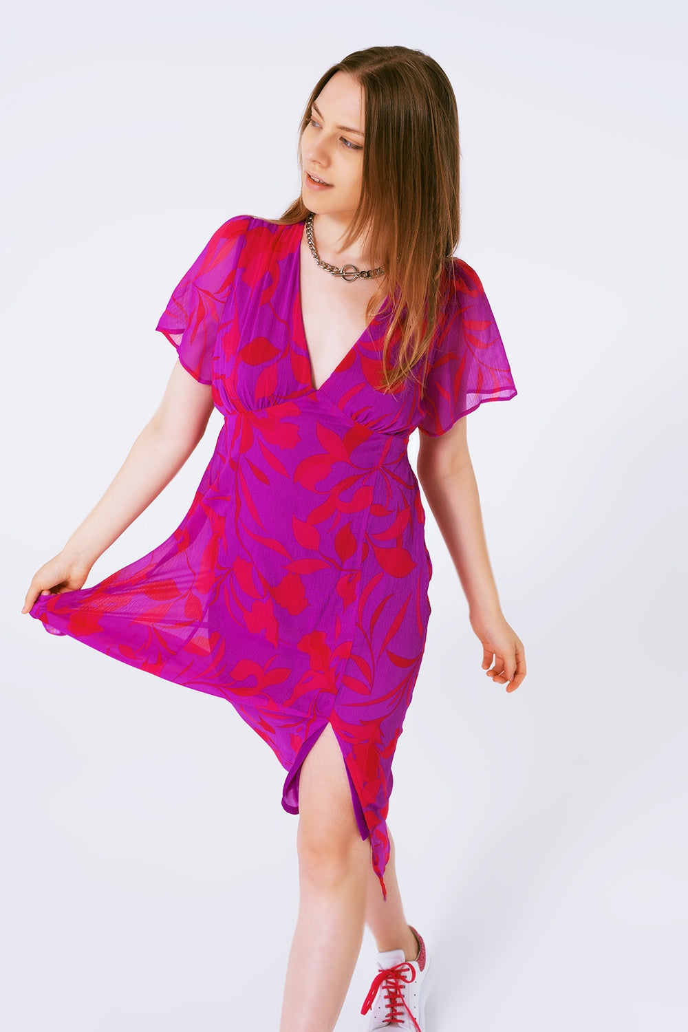 short sleeve V-neck chiffon maxi dress in floral print - dress