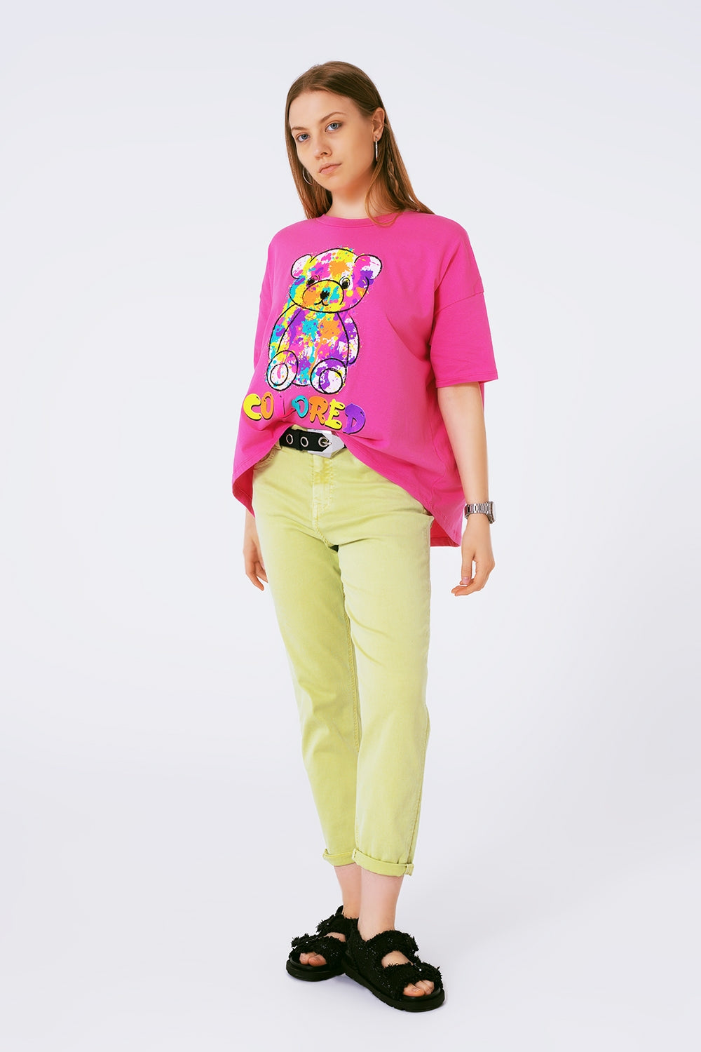 loose-fitting fuchsia T-shirt with colored bear - top