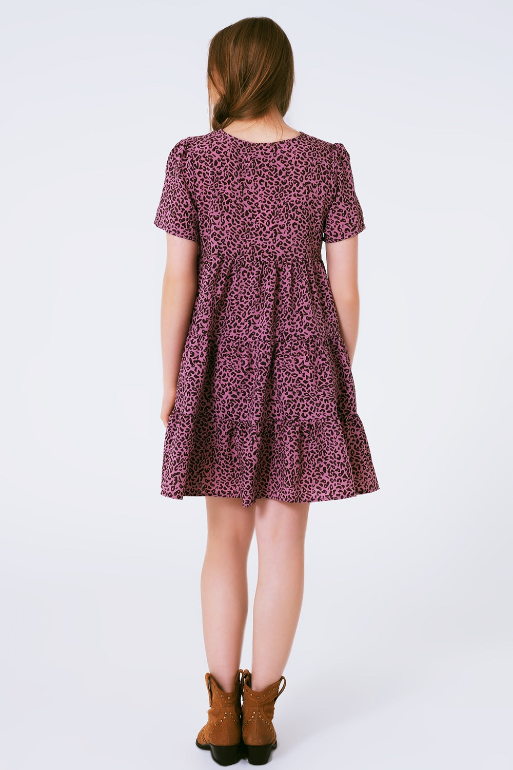 Short Sleeve Baby Doll Dress With Neck Detail in Purple Leopard Print - dress