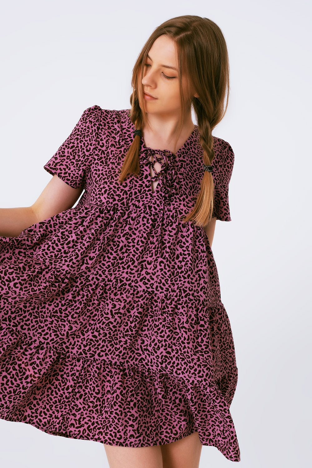 Short Sleeve Baby Doll Dress With Neck Detail in Purple Leopard Print - dress