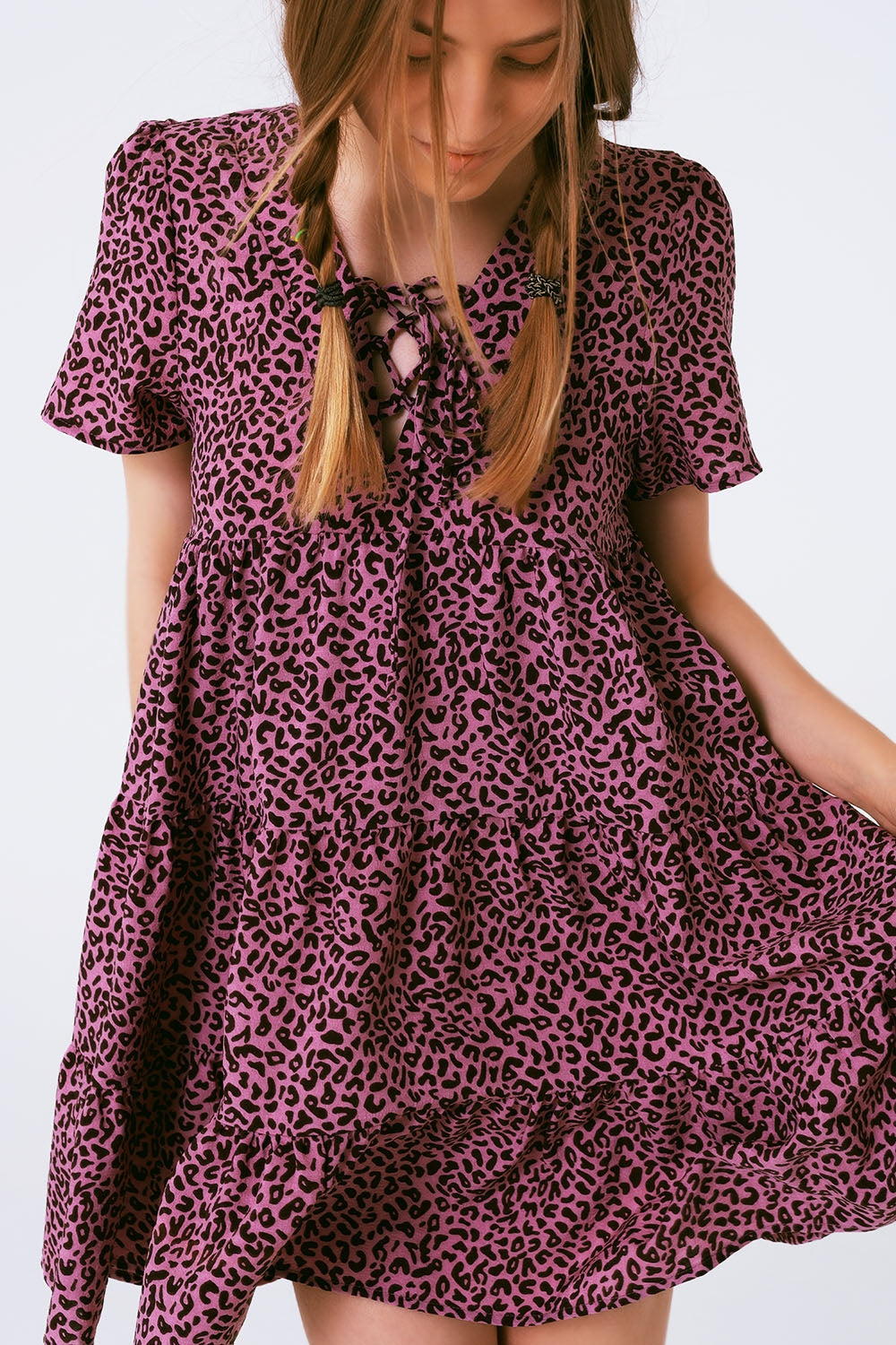 Short Sleeve Baby Doll Dress With Neck Detail in Purple Leopard Print - dress