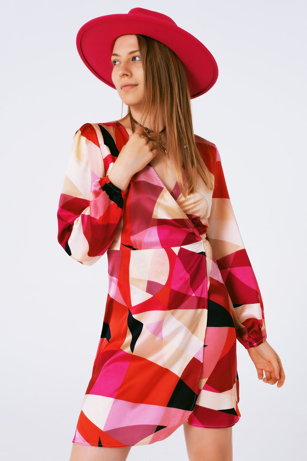 Wrap Short Abstract Print Dress in Fuxia - dress