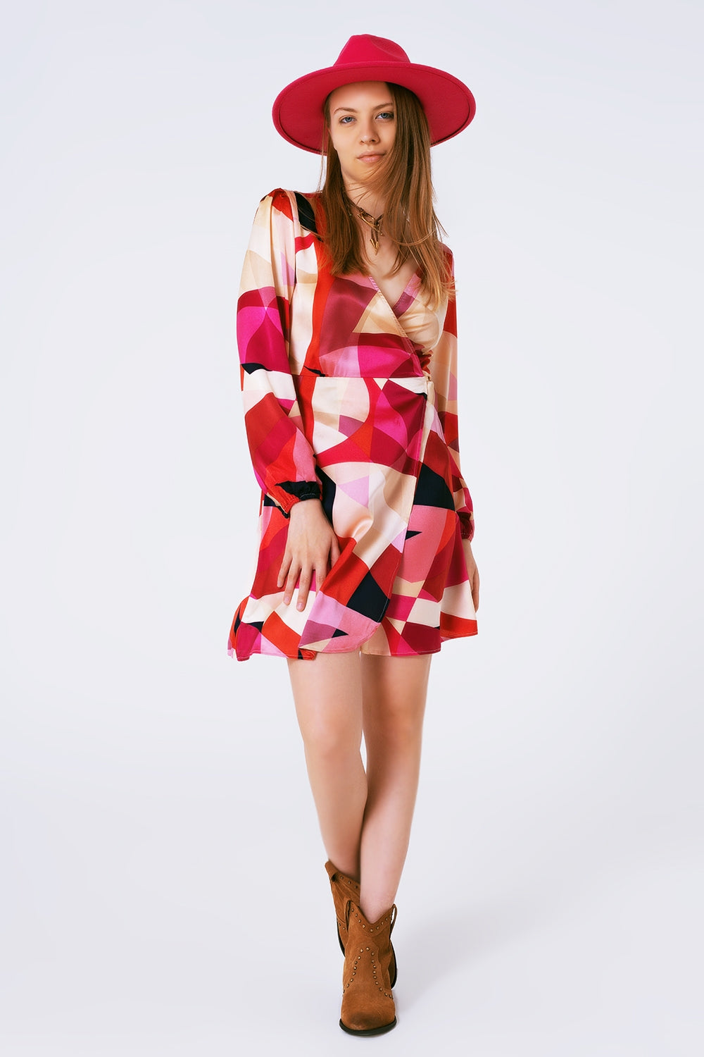 Wrap Short Abstract Print Dress in Fuxia - dress