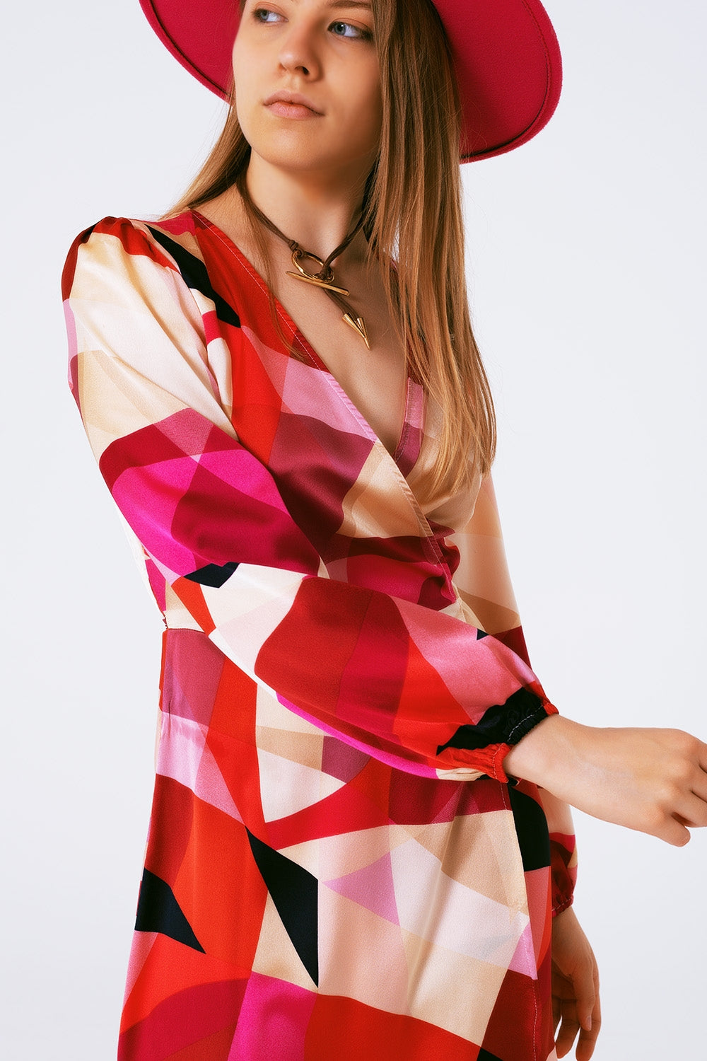 Wrap Short Abstract Print Dress in Fuxia - dress