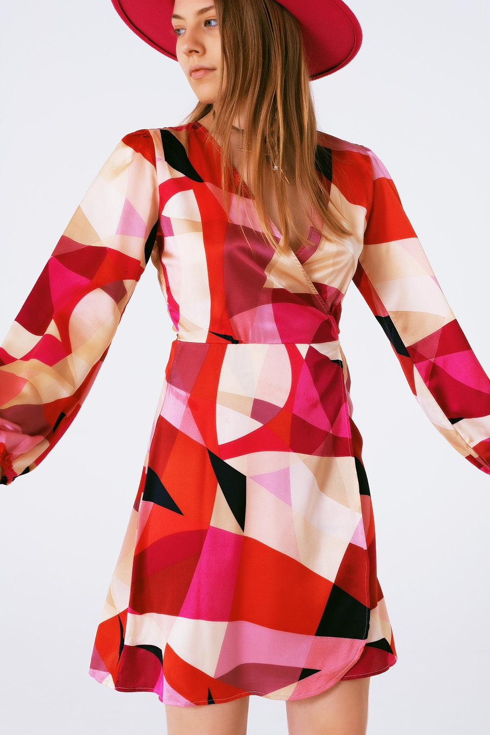 Wrap Short Abstract Print Dress in Fuxia - dress