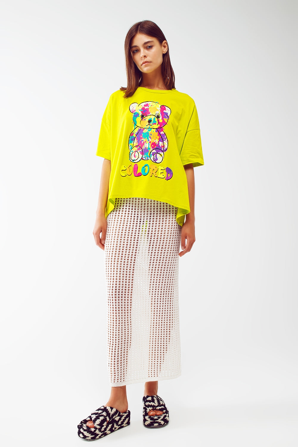 loose-fitting lime T-shirt with colored bear - top