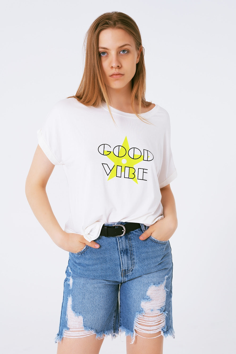 Boat neckline Relaxed fit T-shirt fluor good vibe logo - top