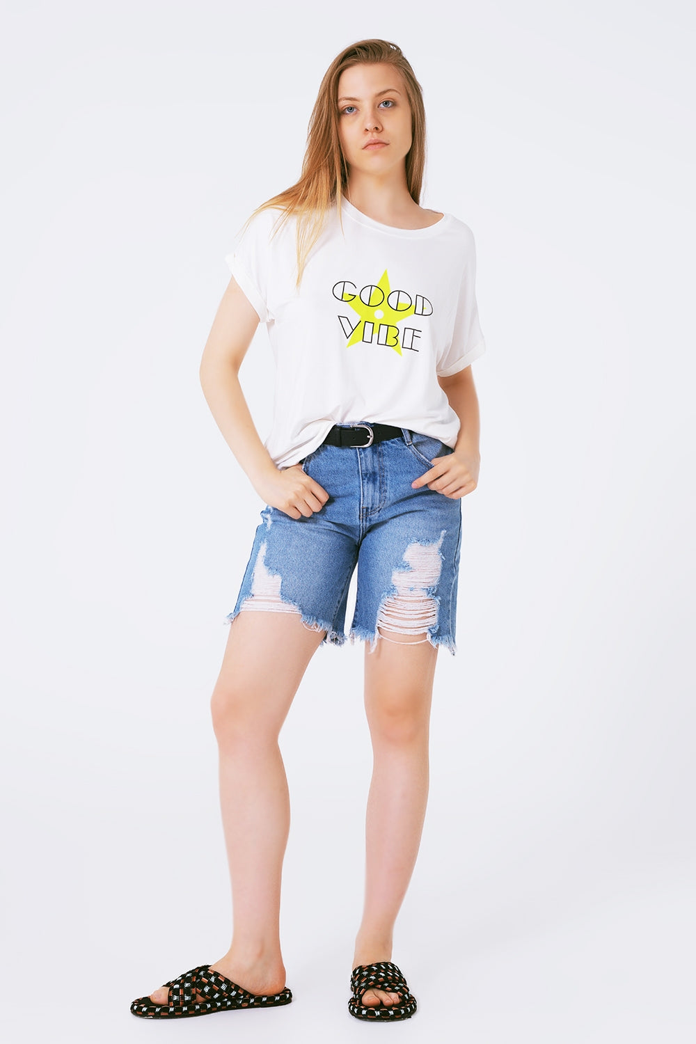 Boat neckline Relaxed fit T-shirt fluor good vibe logo - top