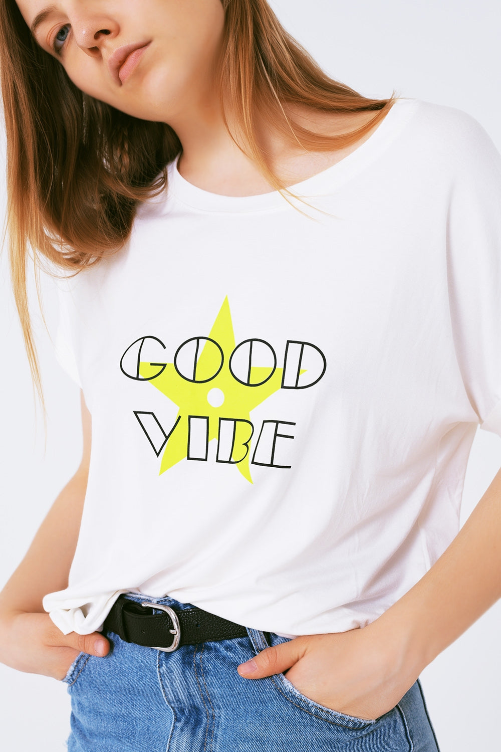 Boat neckline Relaxed fit T-shirt fluor good vibe logo - top