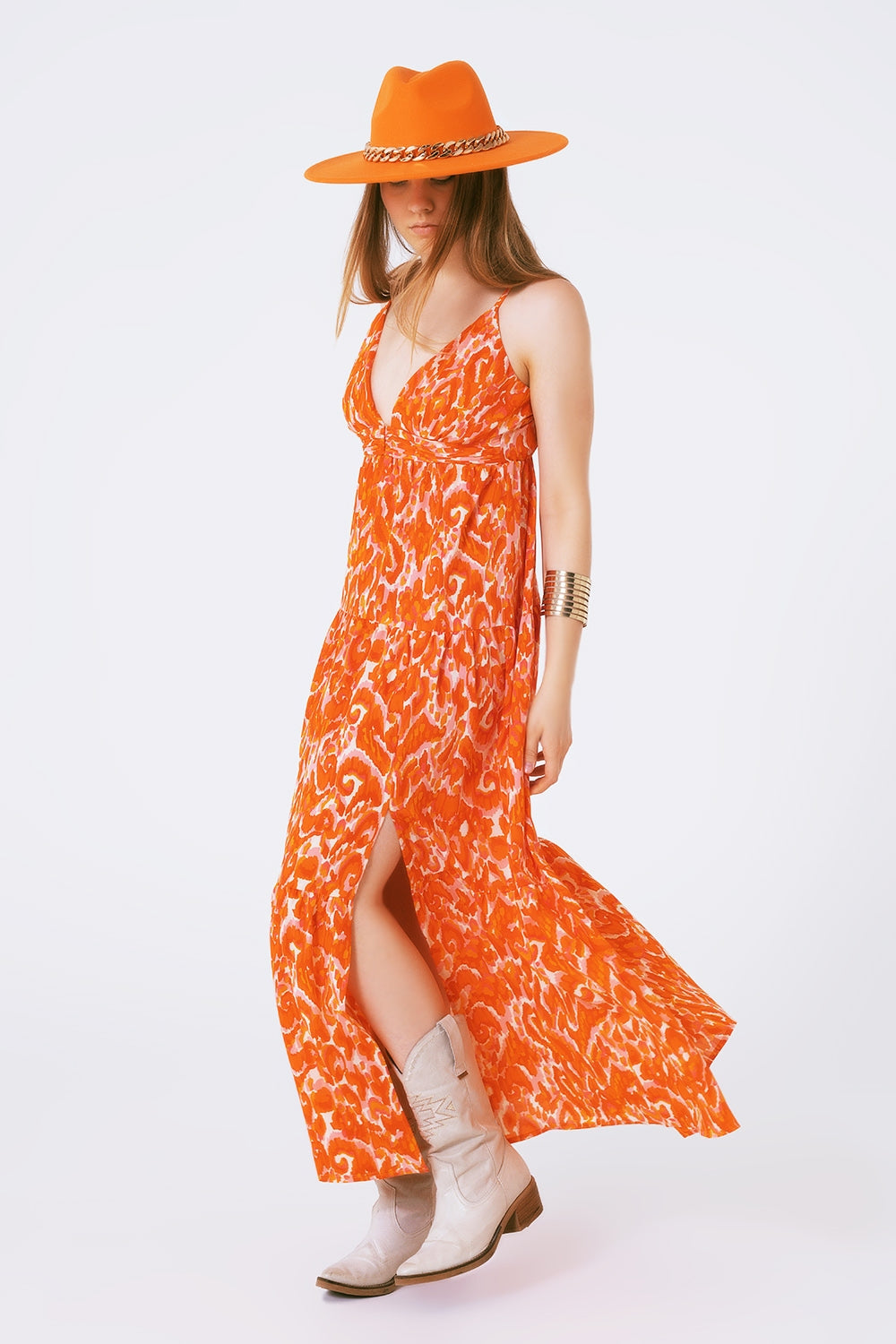 Floral Print Maxi Dress with V neck in orange - dress
