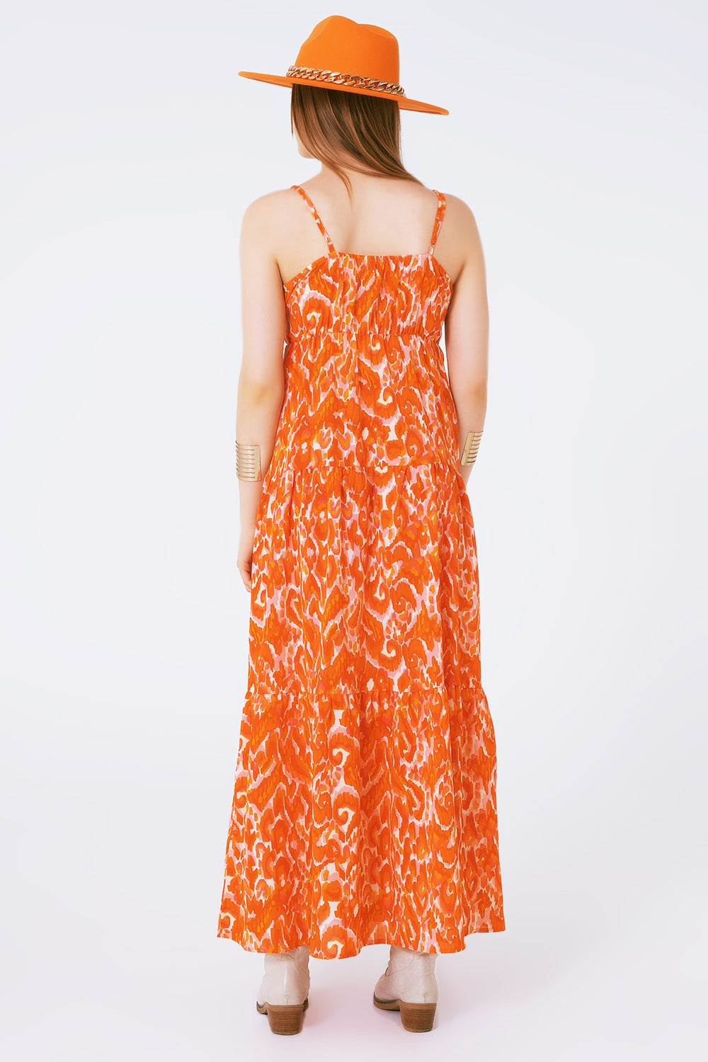 Floral Print Maxi Dress with V neck in orange - dress