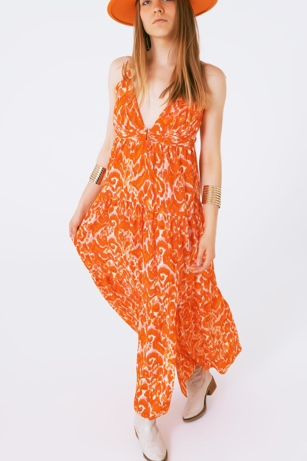 Robe longue à imprimé floral avec col en V de couleur orange