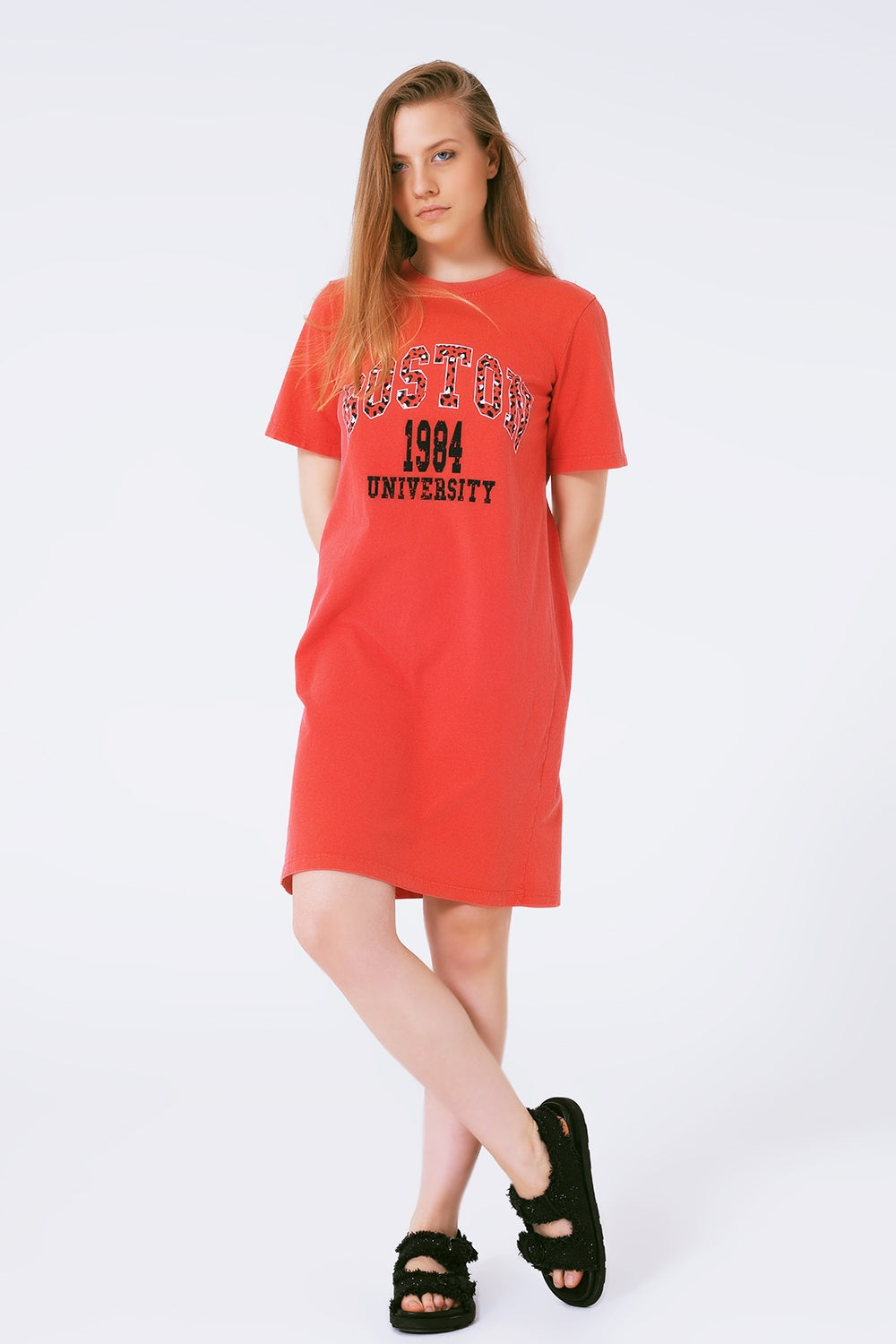 Red Midi T-Shirt Dress Boston 1984 University - dress, top