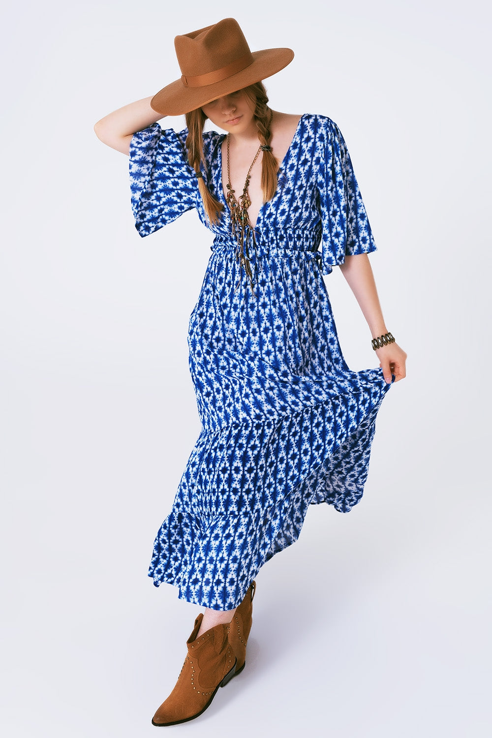 boho print maxi dress crossed on the back - dress