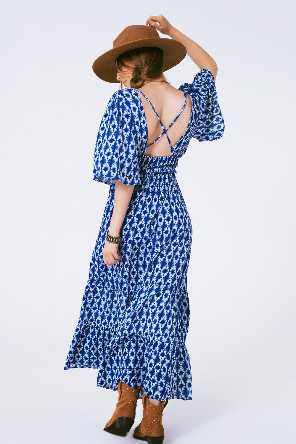 boho print maxi dress crossed on the back - dress