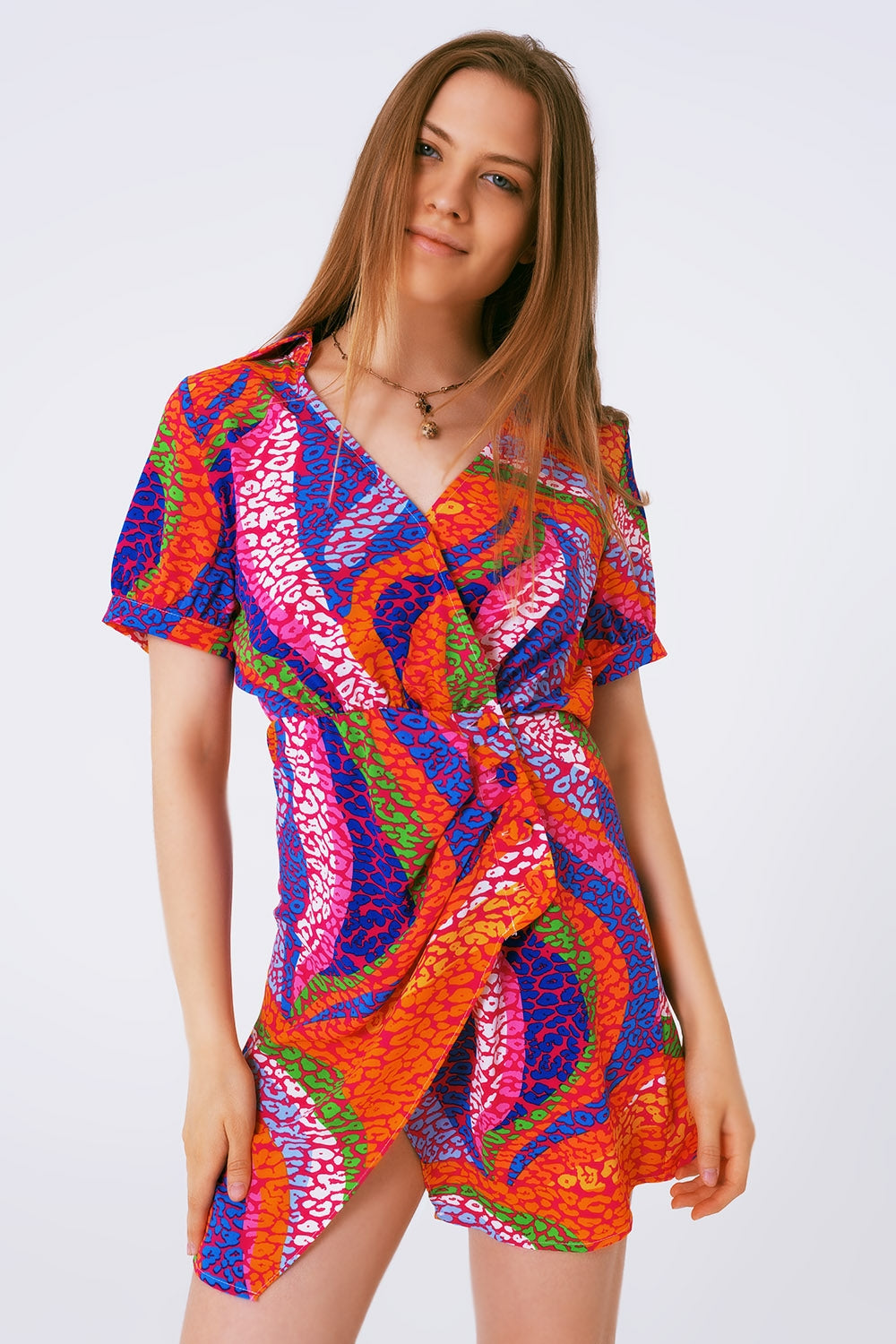 multicolor printed wrap mini dress in pink - dress